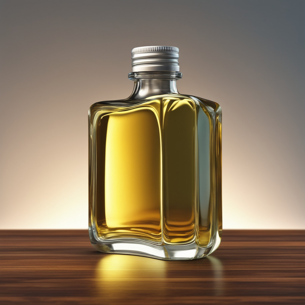 beautiful oil bottle on the table, detailed bottle, high detailed table, 4k resolution, 3D rendering, lite color background, clear pure oil inside the bottle, super cool, natural look, eye-catching look