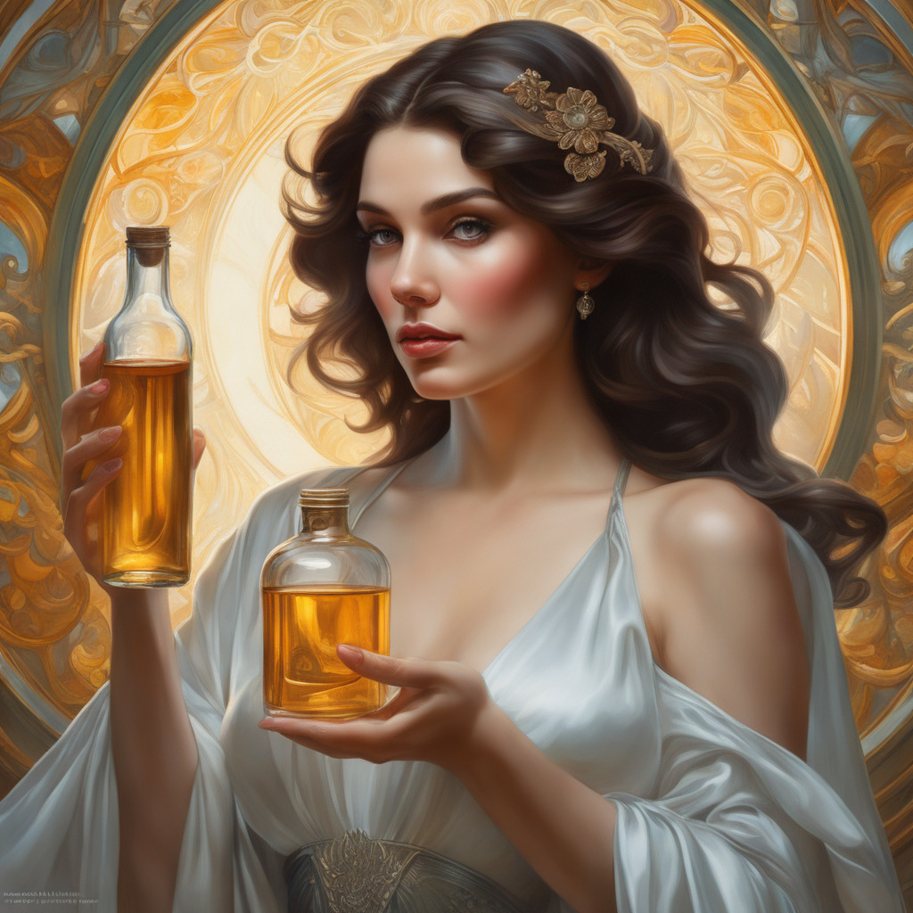 full shot body photo of the most beautiful artwork in the world featuring ( brunette ) holding oil bottle by artgerm and greg rutkowski and alphonse mucha, bright, lightning, Intricate, High Detail, Sharp focus, dramatic, photorealistic painting art by midjourney and greg rutkowski, cinematic, artstation, hyperrealism painting, concept art of detailed character design, matte painting, 8K resolution, blade runner, Award Winning, Timeless art work, Masterpiece, Genius, Worldclass, Extra ordinary, Aesthetic, Beautiful, Stunning, Brilliant, cinematic, Dynamic, Cinematic lighting, inspirational, 4K resolution, 8K resolution, Artstation HD, Artstation HQ, Vivid, Vibrant, Ultra detailed, Octane render, dramatic, Iconic, Impeccable, Majestic, Ingenious, Visionary, Revolutionary, Exceptional, Exemplary, Unsurpassed, Viral, Popular, Buzzworthy, Up-and-, cool enveriment, hilly area, ((full head))