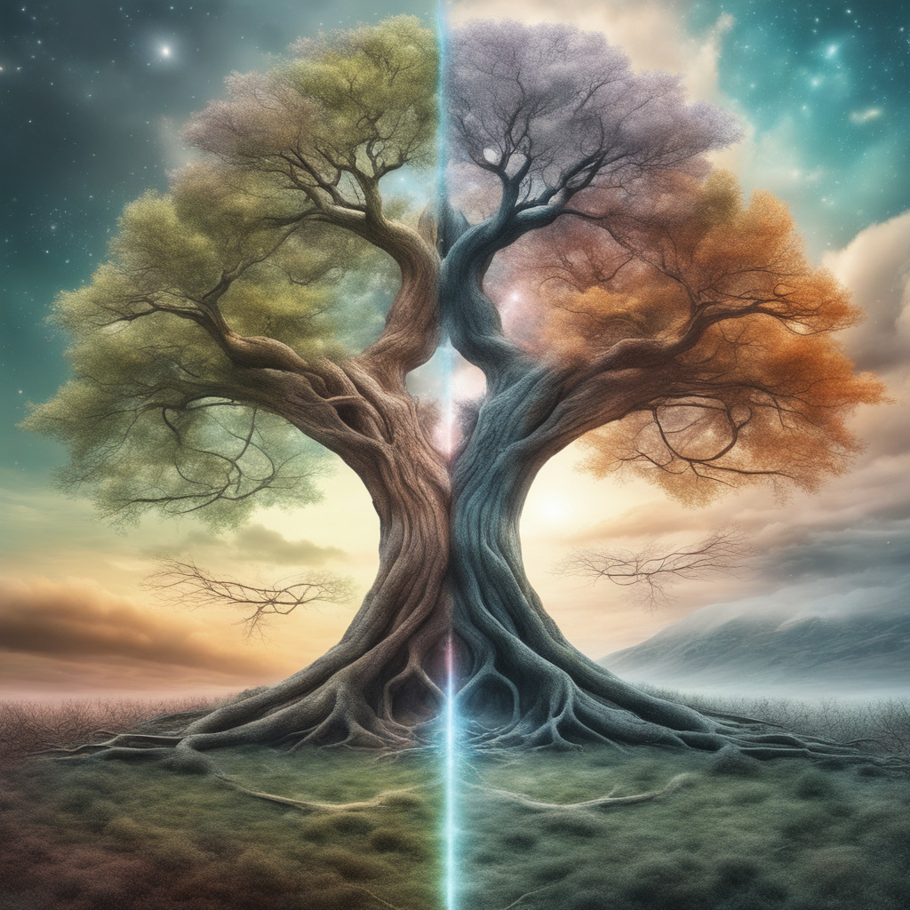 Hyper Realistic Giant Luminous Magical Tree split divided into Four Parts, each part with different season Winter, Spring, Summer and Autumn respectively, ultra realistic surreal dynamic landscape magical mytical Interstellar cosmic nebulous sky art germ mucha surreal