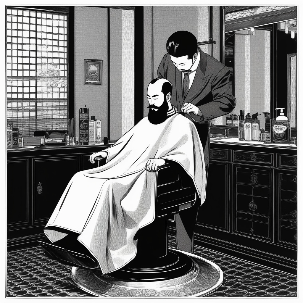 japanese, a very young balding bearded mustached lord with a shiny head getting a haircut by an balding barber